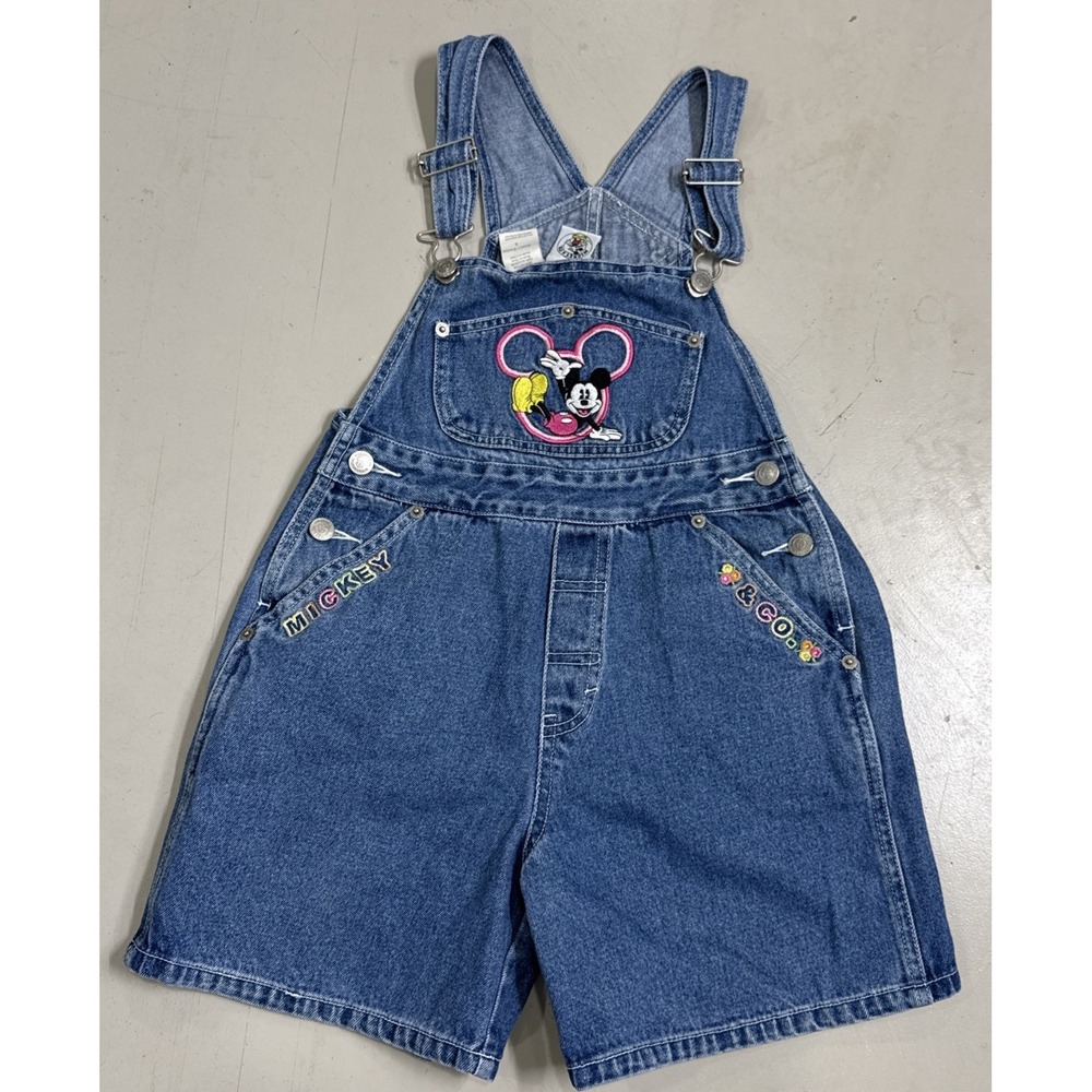 Vintage 90s Mickey And Co. Girls Size 8 denim overalls shorts Mickey Mouse
